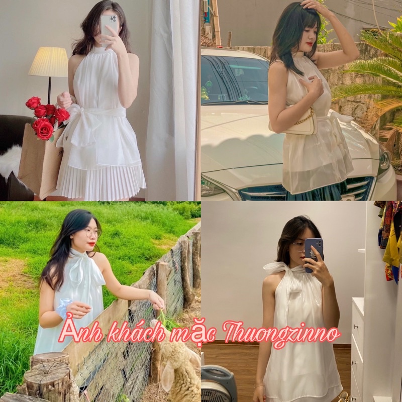 [Ảnh thật/Video] Áo Khoét Vai Nơ Cổ Sang Chảnh Yếm Tơ Hàn Quốc sang chảnh