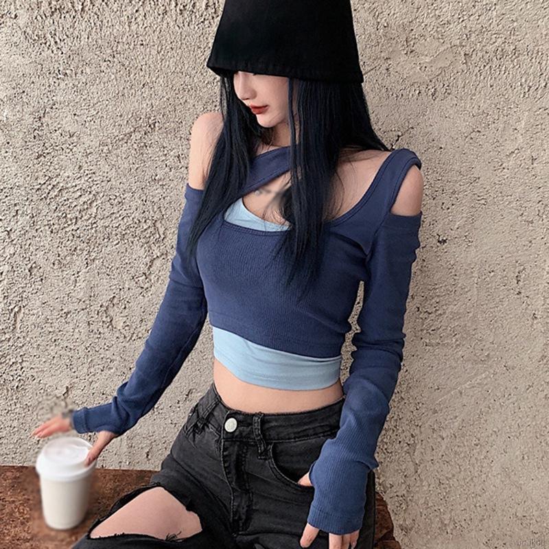 Áo thun tay dài trễ vai vạt ngắn gợi cảm dành cho nữ