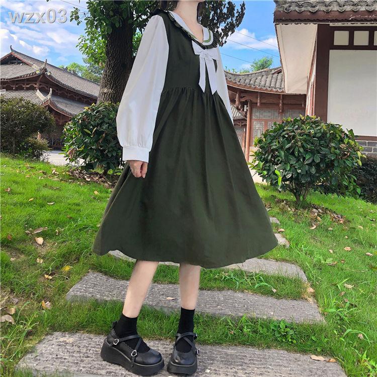 Thắt lưng cổ hải quân ngọt ngào kiểu Nhật Bản eo cao giảm béo mới đại học bong bóng tay ngắn màu tương phản váy