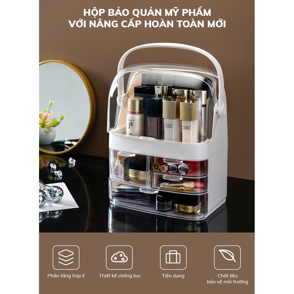 Tủ đựng đồ trang điểm mini 2 tầng phân ngăn có nắp đậy, hộp đựng mỹ phẩm chống bụi sang trọng