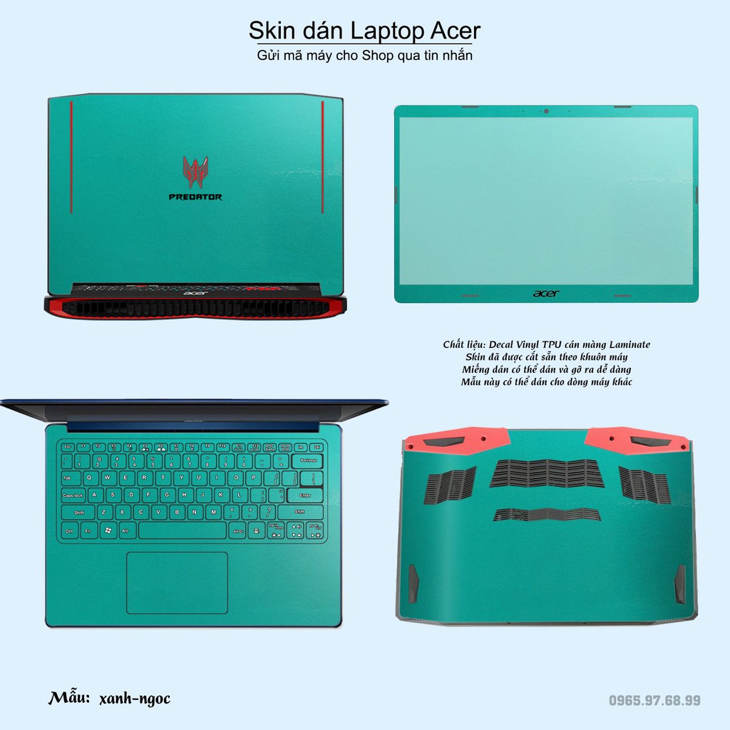 Skin dán Laptop Acer in màu xanh ngọc (inbox mã máy cho Shop)
