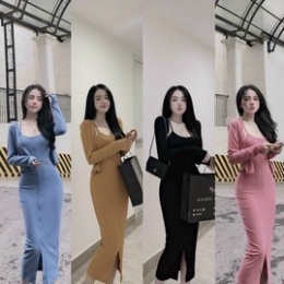 #lyie SÉT ĐẦM HAI DÂY ÔM BODY DÁNG DÀI PHỐI HÀNG NÚT KÈM ÁO KHOÁC NGOÀI CỰC XINH, #LYIE