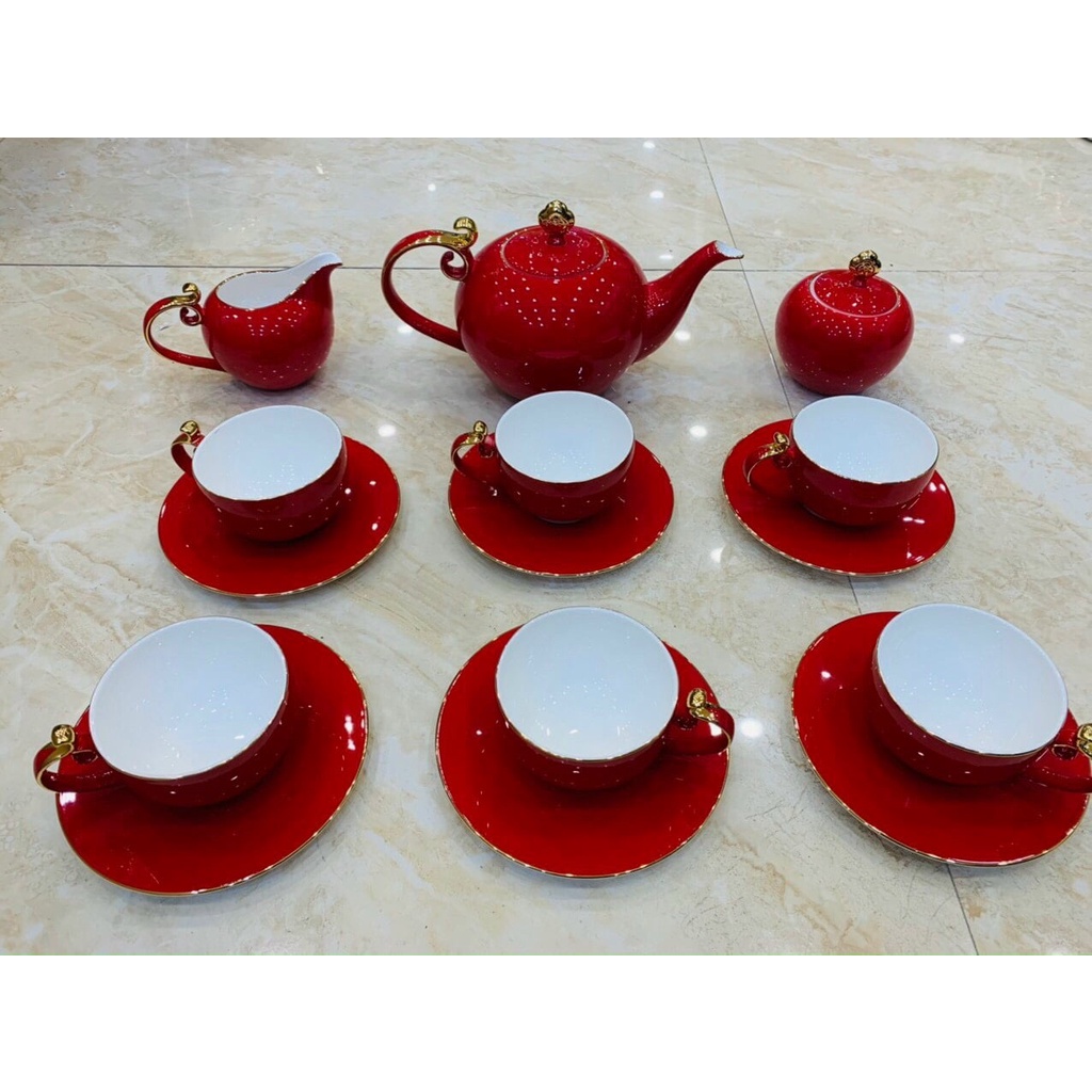 Bộ ấm chén pha trà sứ xương cao cấp kèm 6 đĩa 2 tống đường sữa màu đỏ sang trọng, hợp decor