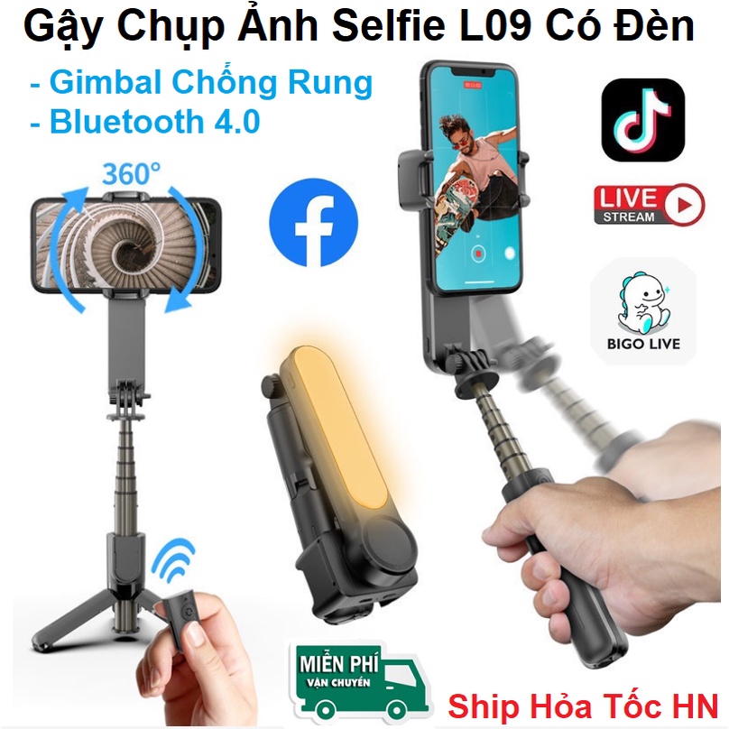 Gậy Tự Sướng Chống Rung L09 Có Đèn LED Kiểu Gimbal Tripod Dùng Cho Điện Thoại, Selfie Chụp Ảnh Bằng Remote Bluetooth 4.0