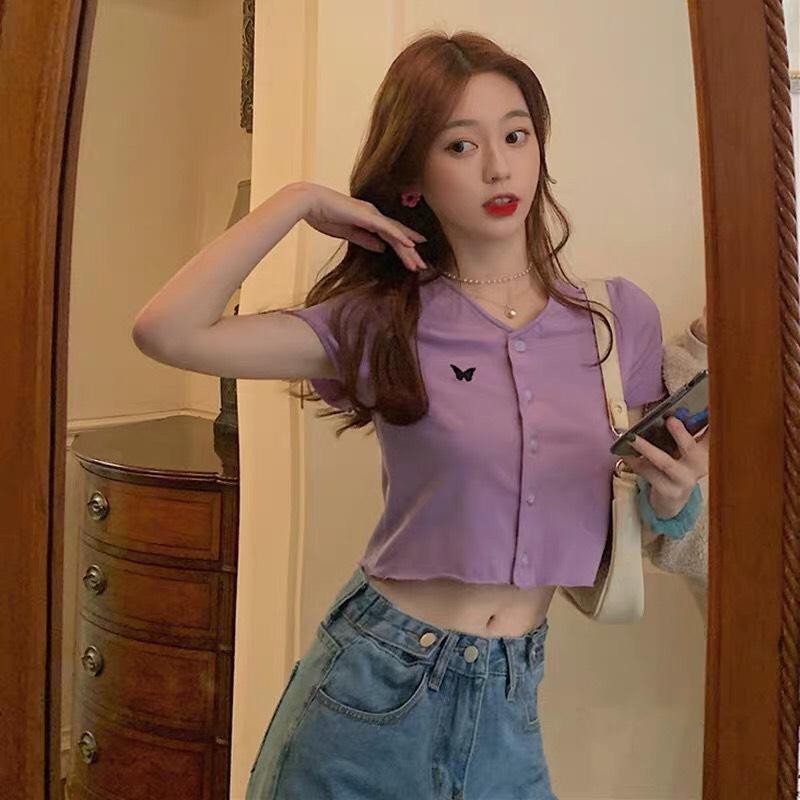 (hàng QC) ÁO CROPTOP CÀI CÚC BUTTERFLY NHÚN BÈO XANH XÁM ĐEN TÍM - ÁO PHÔNG KIỂU CÚC THÊU BƯỚM NHIỀU MÀU ULZZANG