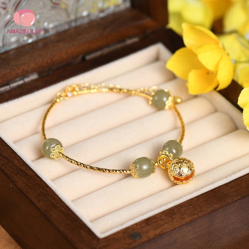 Vòng Tay Hạt Đá Ngọc Bích Nhân Tạo Phong Cách Trung Hoa / Mặt Dây Hình Chuông May Mắn Dễ Phối Đồ Dành Cho Nữ