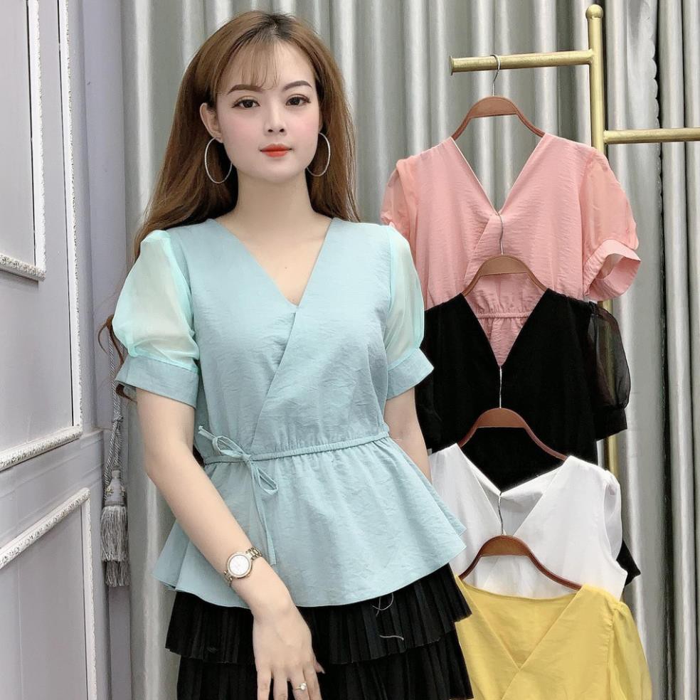 Áo Sơ Mi Kiểu Công Sở Ngắn Tay Chất Đũi Tay Voan Cổ Tim - 5 Màu Trắng Vàng Đen Xanh Hồng - Hanlly Fashion - A1 Đẹp *