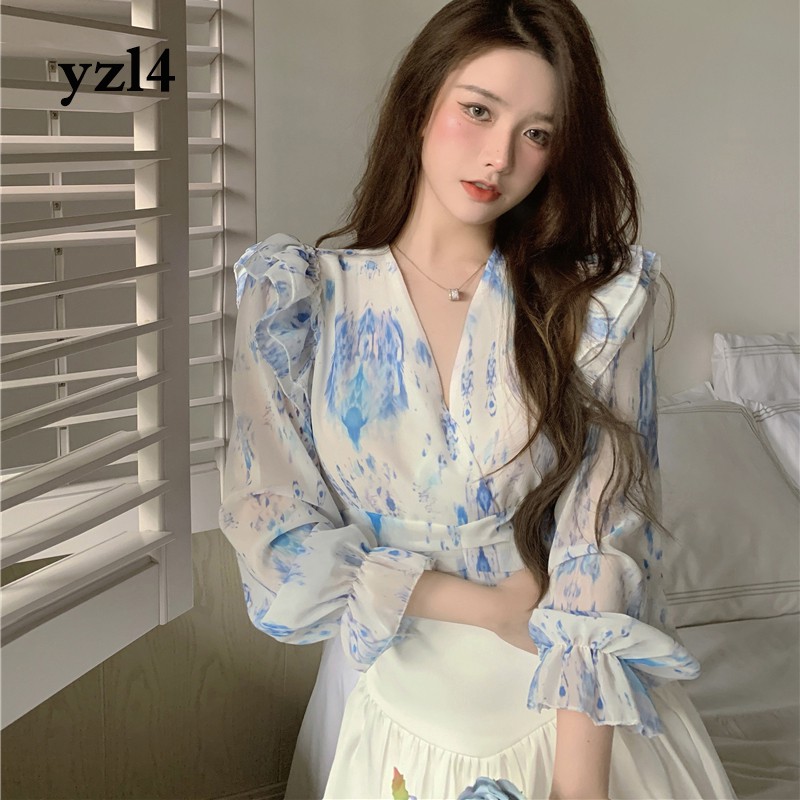 Áo Sơ Mi Tay Dài Cổ Chữ V Họa Tiết Hoa Thời Trang Cho Nữ