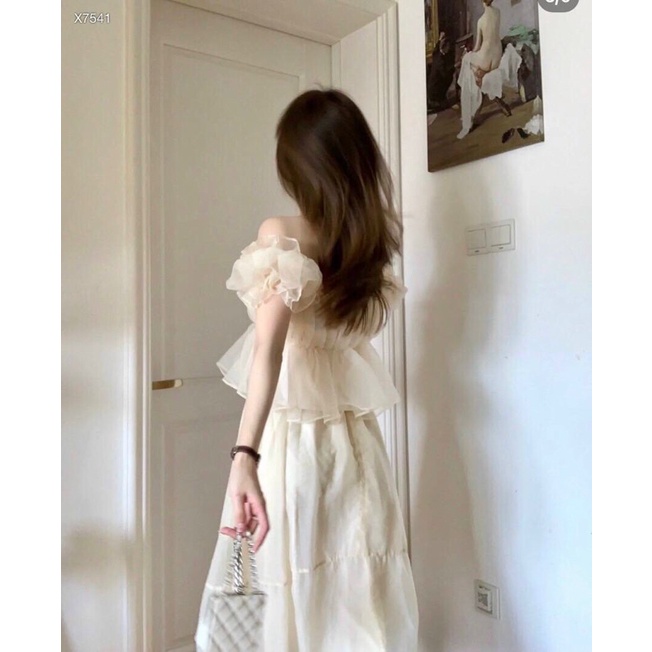 Hc569- áo tơ bèo kèm chân váy MIDI, màu nude