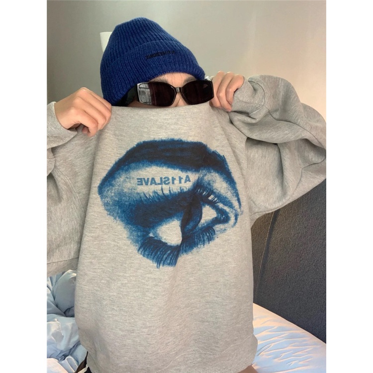 QKOOLE  Áo Hoodie Tay Dài Cổ Tròn In Họa Tiết Phong Cách Hàn Quốc Cho Nữ