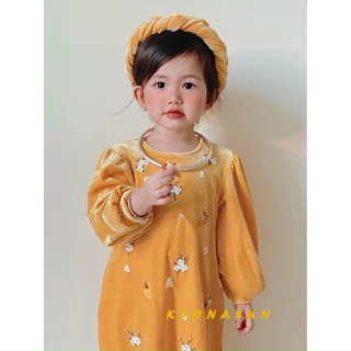 Áo dài nhung thêu hoa 3 màu cho bé gái