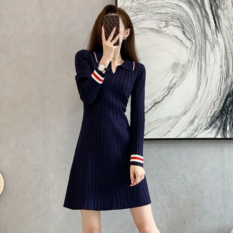 Đầm Dệt Kim Tay Dài Cổ POLO Dáng Ôm Thời Trang Thu Đông Cho Nữ