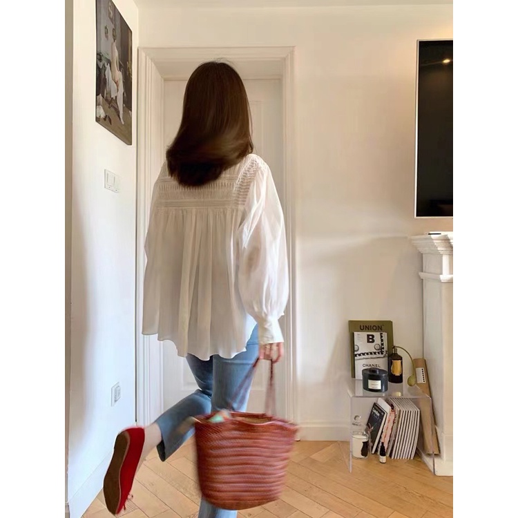 Áo Sơ Mi Cotton Lanh Tay Dài Màu Trắng Phong Cách Pháp Cổ Điển Thời Trang Mùa Hè Cho Nữ