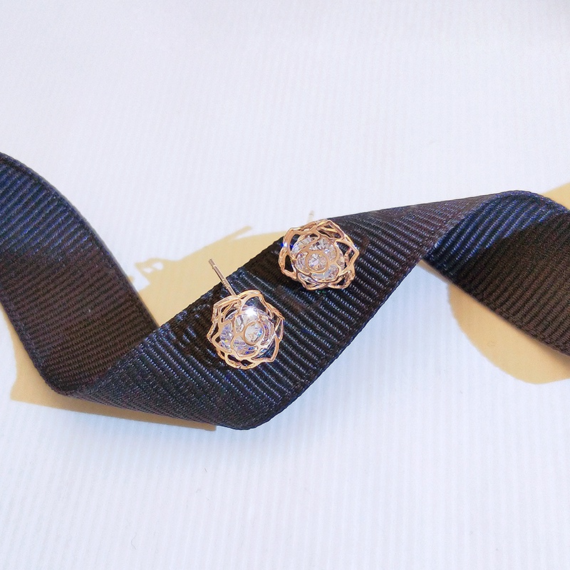 [Jiudolan] Bông Tai Hoa Hồng Đính Đá Zircon Sáng Bóng Thanh Lịch