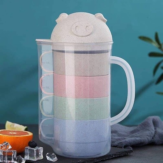 Bộ bình trà kèm 4 cốc lúa mạch hình lợn 1,6L