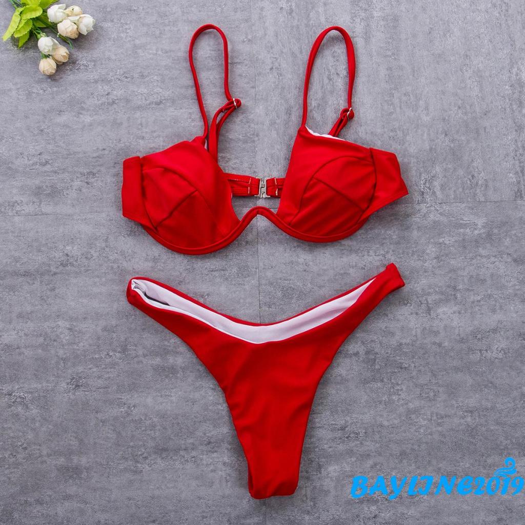 Bộ Đồ Bơi 2 Mảnh Lưng Cao Có Đệm Ngực Màu Trơn Hình Chữ V Dành Cho Nữ