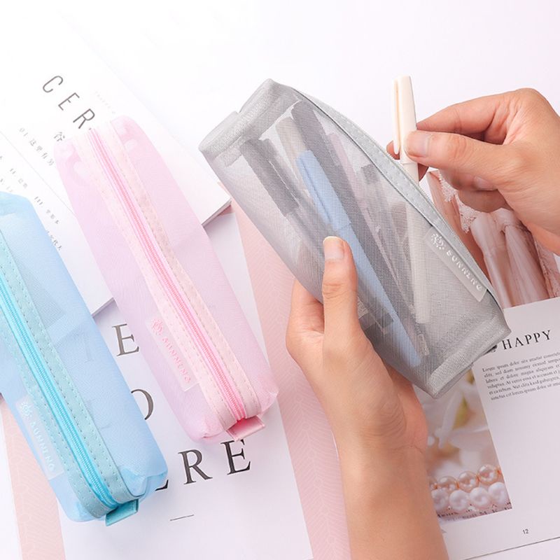 Túi Đựng Bút Dạng Lưới Màu Trơn Trong Suốt Dễ Thương Cho Học Sinh