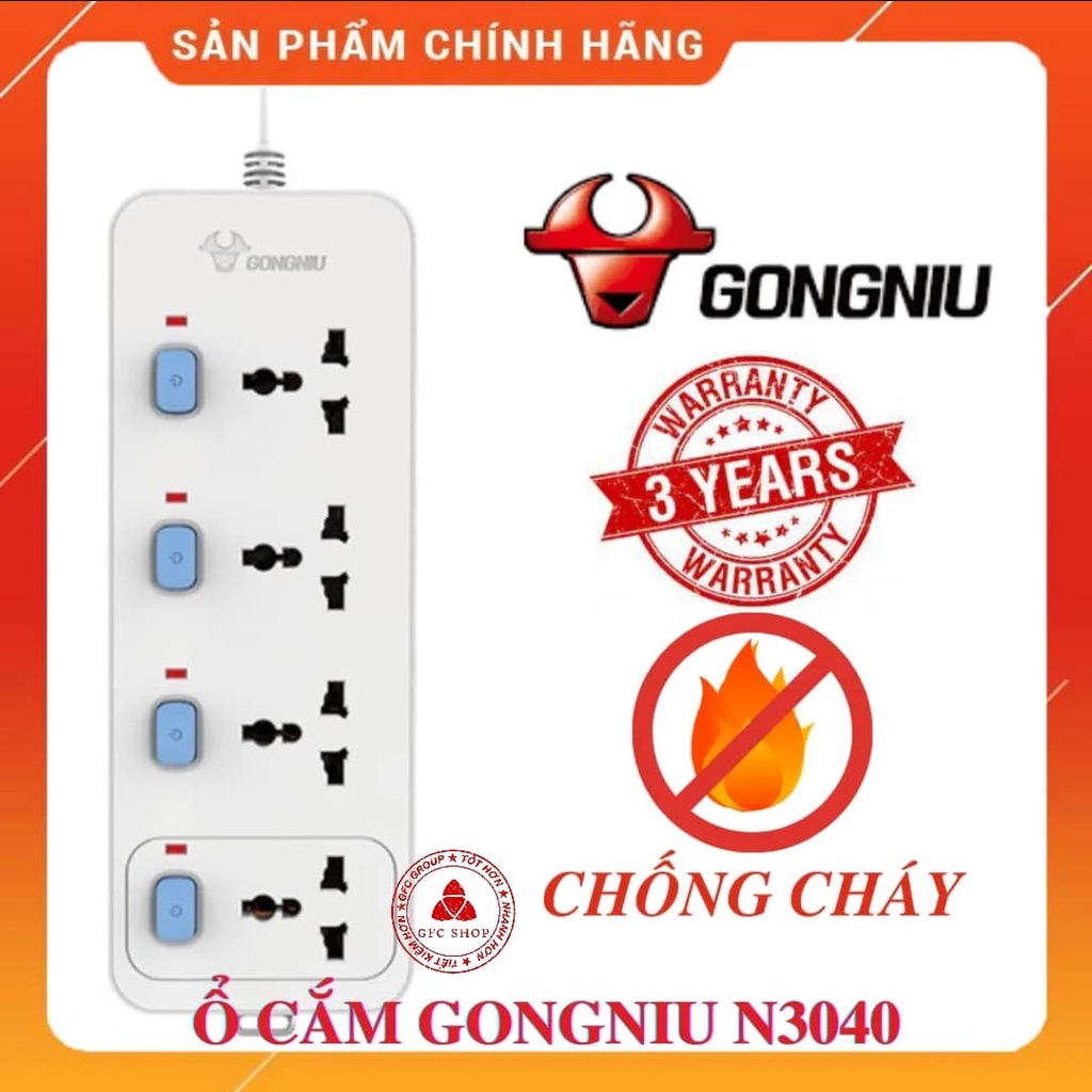 Ổ Cắm Điện Gongniu N3040 4 Ổ Đa Năng 4 Công tắc 2500W/10A - Dây Dài 3 hoặc 5 Mét