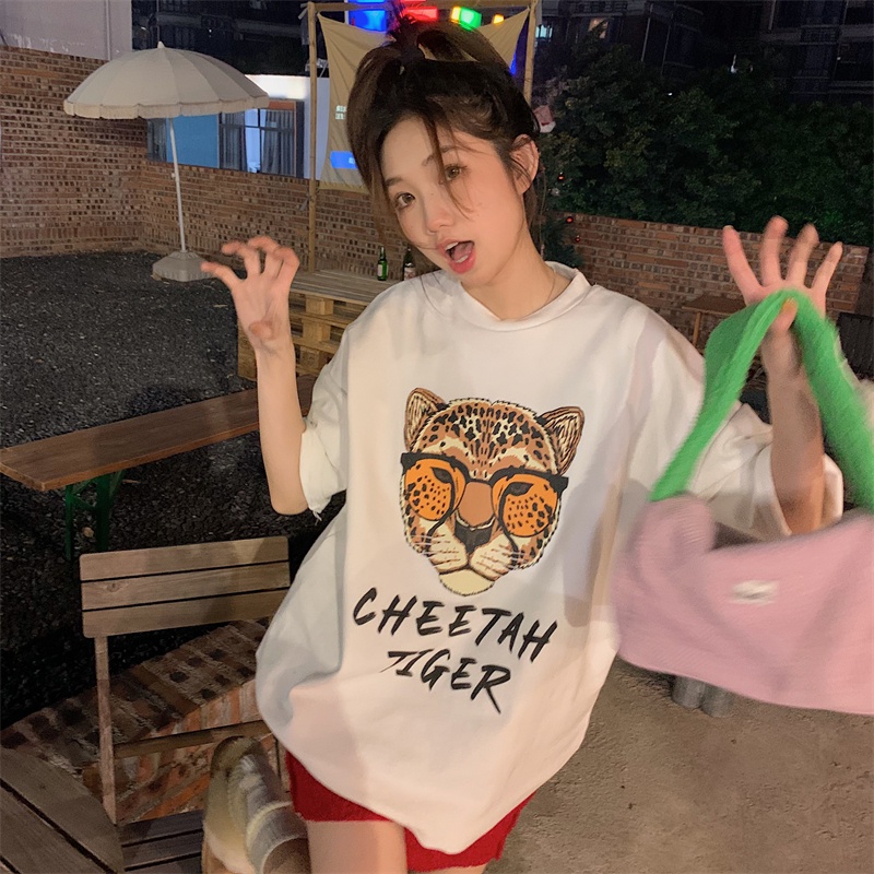 Áo Thun Tay Ngắn Dáng Rộng In Hoạt Hình Đầu Hổ Dễ Thương Cho Nữ