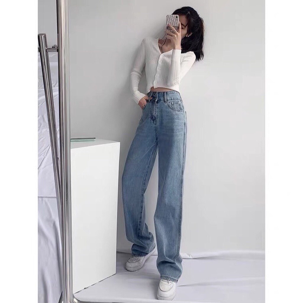 Quần Bò Nữ Ống Suông Cạp Cao Tôn Dáng,Quần Jeans Nữ Basic 2 Màu Đen Xanh Phong Cách