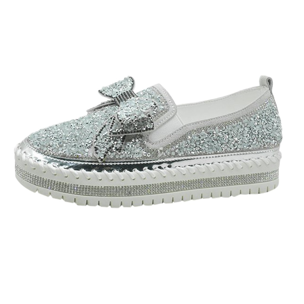 Women's Loafers Womens Casual Shoe Rhinestones BowknotThick-Soled Flats Slip-on Loafers Slippers winwinplus 