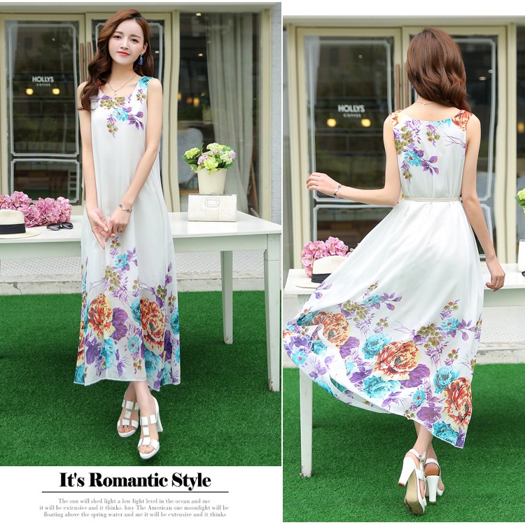 Đầm maxi voan hoa kèm dây thắt lưng DX08 - Đầm suông maxi đi biển, đi dạo phố | BigBuy360 - bigbuy360.vn