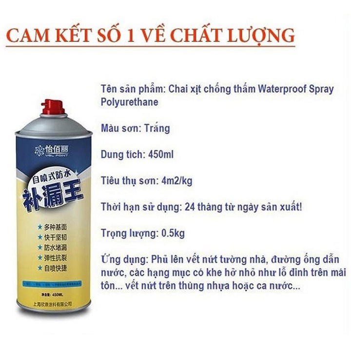 Chai Xịt Chống Thấm, Chống Dột, Nứt Tường Nhà, Đường Ống Nước Hiệu Quả Waterproof Spray Polyurethane 450ml - MTDDT