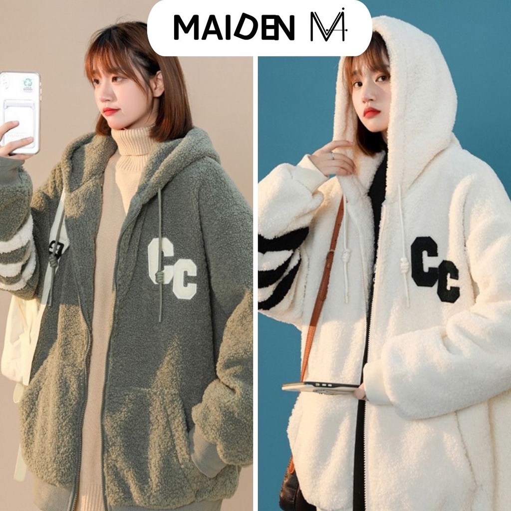 Áo khoác lông nữ Freesize kiểu dáng hoodie thêu chữ form to rộng