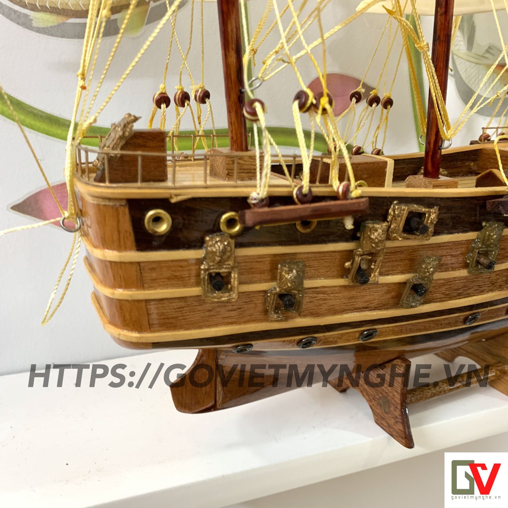 [Quà tặng] Mô hình tàu thuyền gỗ trang trí - thuyền gỗ chiến Napoleon Pháp - Chiều dài thân tàu 40cm - Buồm vải trắng