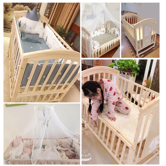 Cũi Gỗ Cho Bé Size 105*60*90 , Giường Cho Bé Có Bộ Quây Cũi Đã Năng 6 Chế Độ, Gỗ Thông, Có Thanh Chắn Giờng
