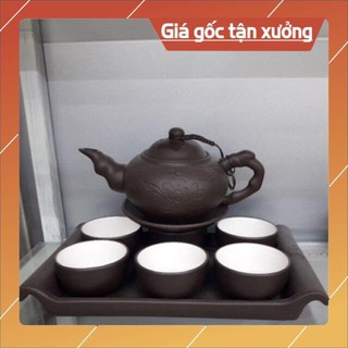 Ấm chén tử sa khắc hoa Bát Tràng kèm khay
