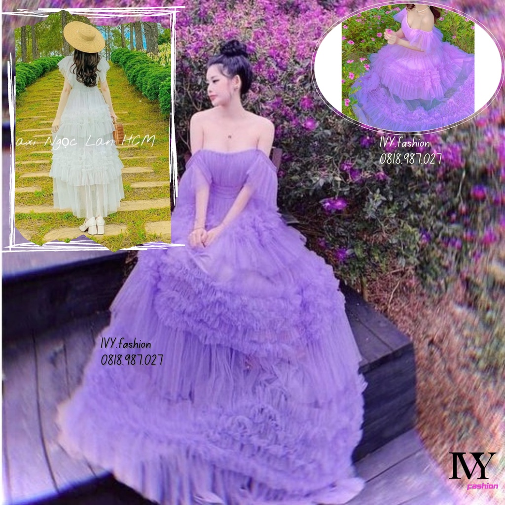 Đầm maxi ❌ lưới lót lụa ❌ tầng cánh tiên trễ vai cúp ngực tím bồng Ivy.fashion đi biển dự tiệc dạo phố bigsize gợi cảm