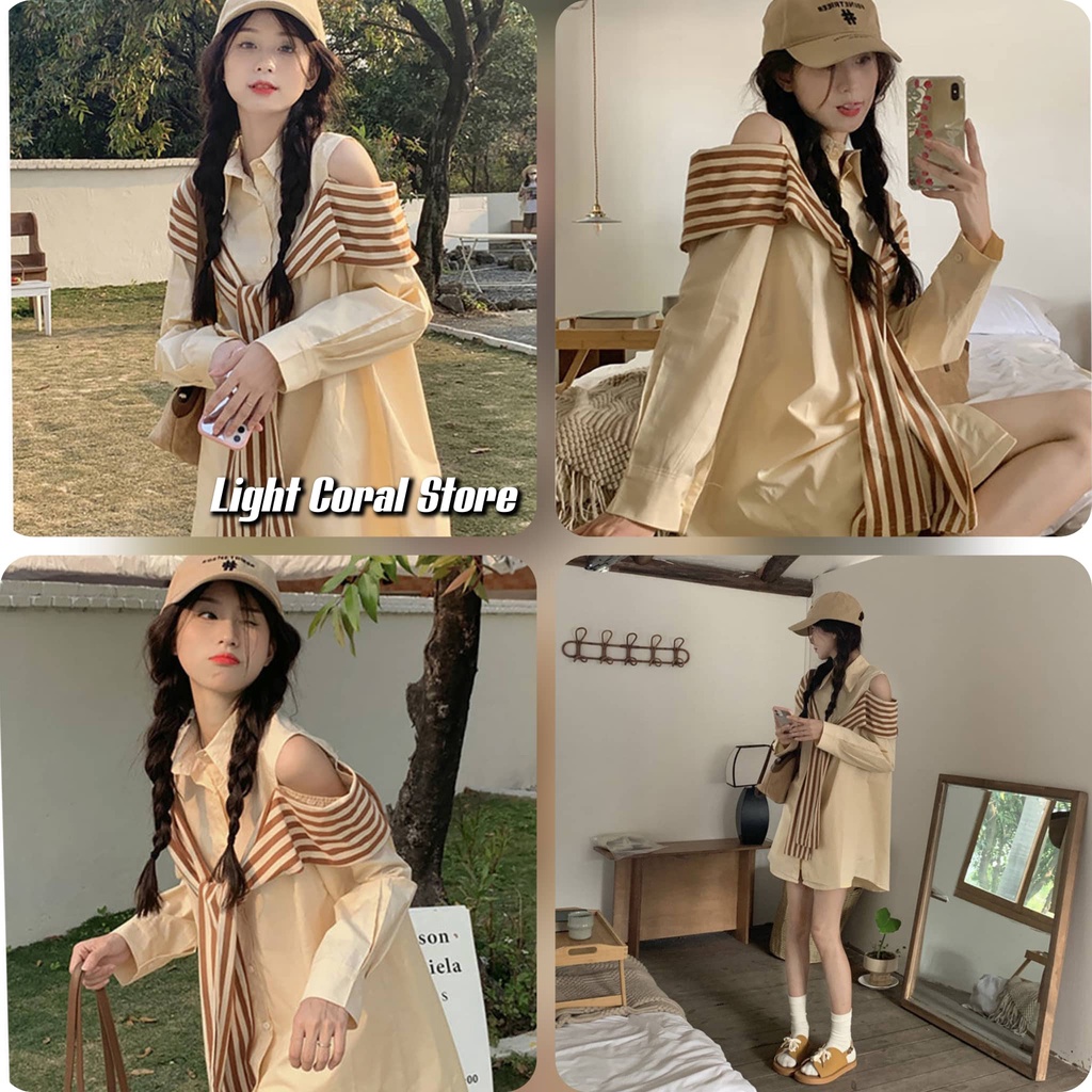 Áo sơ mi nữ dáng rộng oversize hở vai tone màu choco coffee be nâu xinh xắn phối khăn quàng kẻ ngang style Hàn