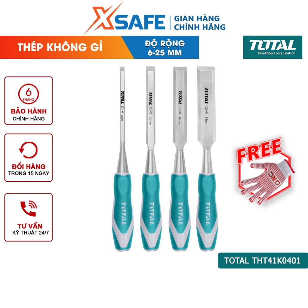 Bộ 4 đục gỗ cầm tay TOTAL THT41K0401 đủ kích cỡ, thép Cr-V siêu cứng chống rỉ sét điêu khắc tiện gỗ đa năng chuyên dụng