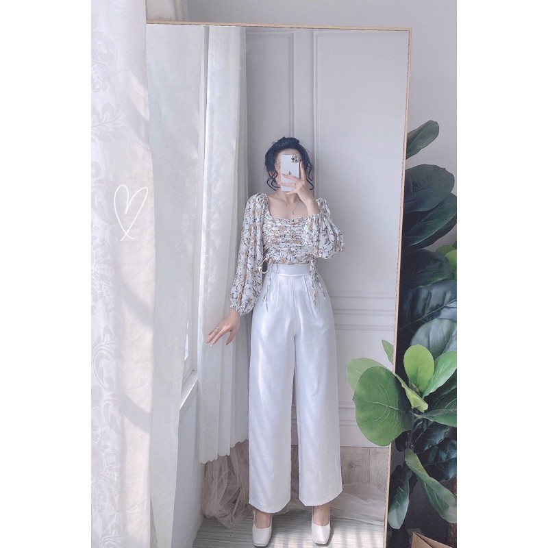 SET ÁO HOA NHÍ CRT DÂY RÚT EO VÀ QUẦN SUÔNG CẠP CAO KÈM ẢNH THẬT SIU XINH