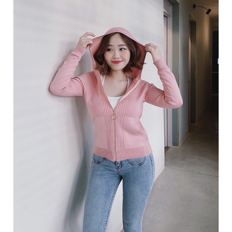 Áo khoác len dệt kim dây kéo có nón