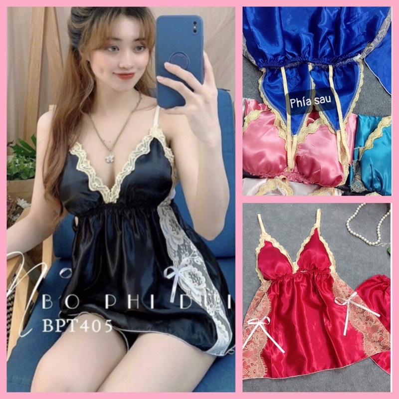 Đồ ngủ nữ-Đồ ngủ sexy phối ren có mút ngực chất phi bóng cực mát (ảnh+video thật)