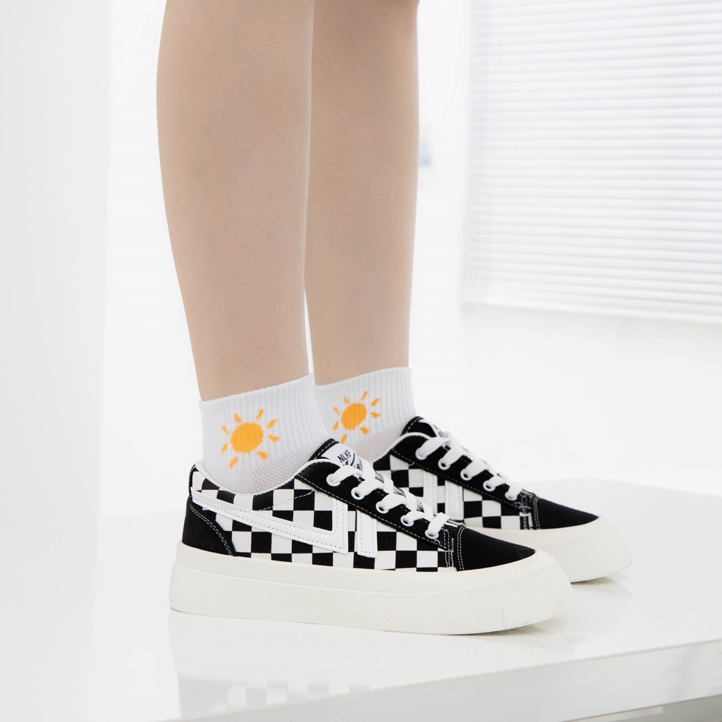 Giày MWC 0639 - Giày Thể Thao Nữ, Sneaker Da Đế Bánh Mì Họa Tiết Sọc Caro Thời Trang