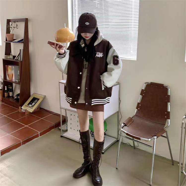 Áo Khoác Đồng Phục Bóng Chày Màu Nâu Phong Cách Retro Đường Phố Mỹ