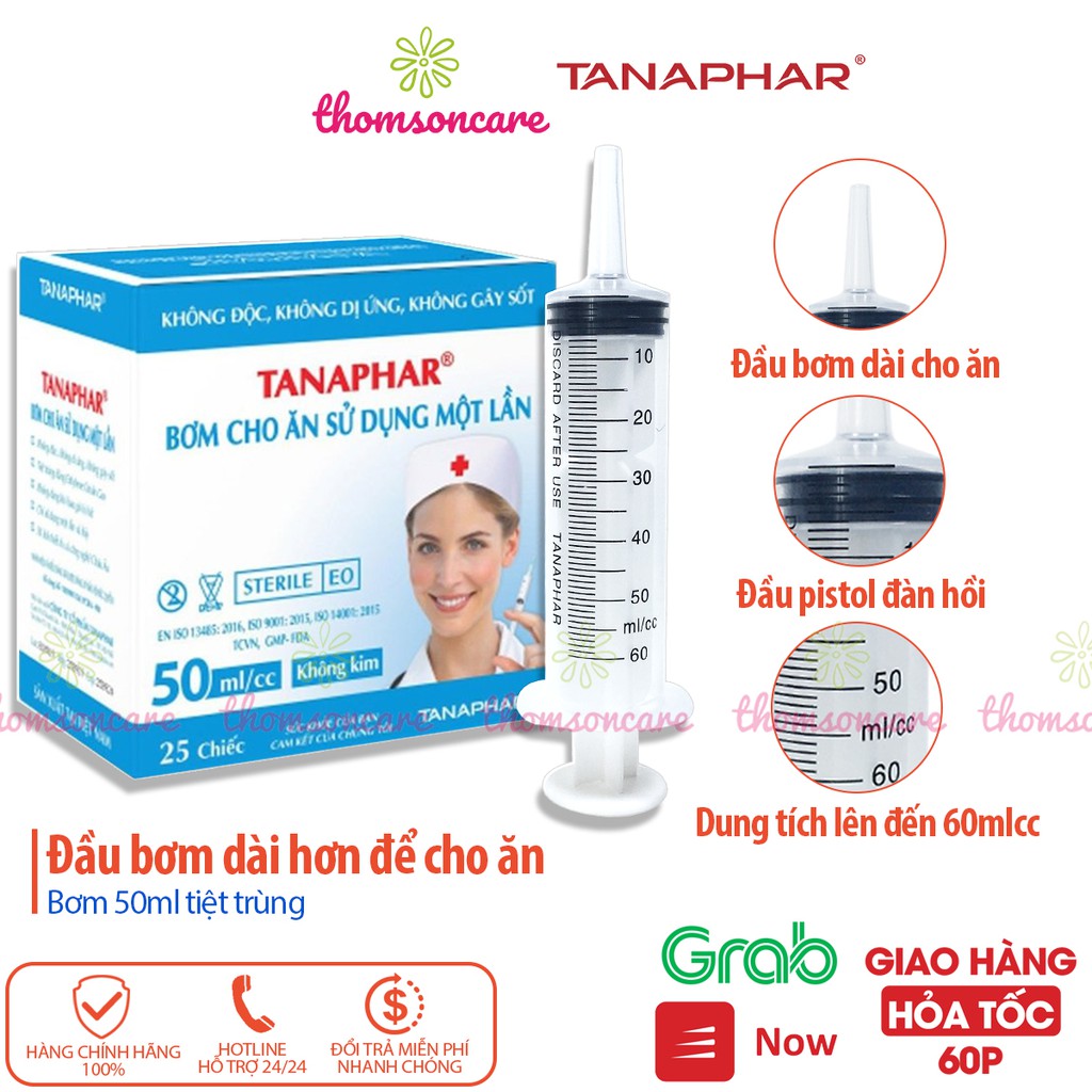 Hộp 25 chiếc Bơm tiêm y tế cho ăn 50ml - đốc bơm dài để bón ăn qua đường xông, Combo 25 ống bơm