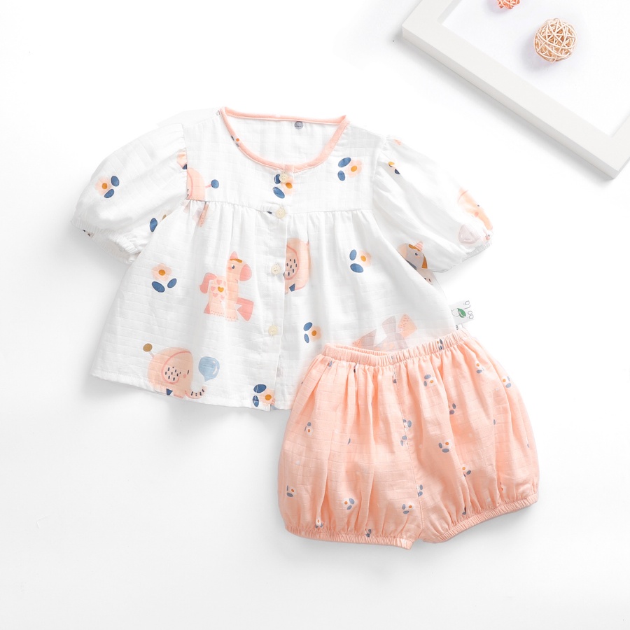 Bộ đồ bé gái vải xô tre Áo Lá Homewear, bộ babydoll tay phồng quần bí đáng yêu họa tiết hoa nhí kỳ lân COXO22