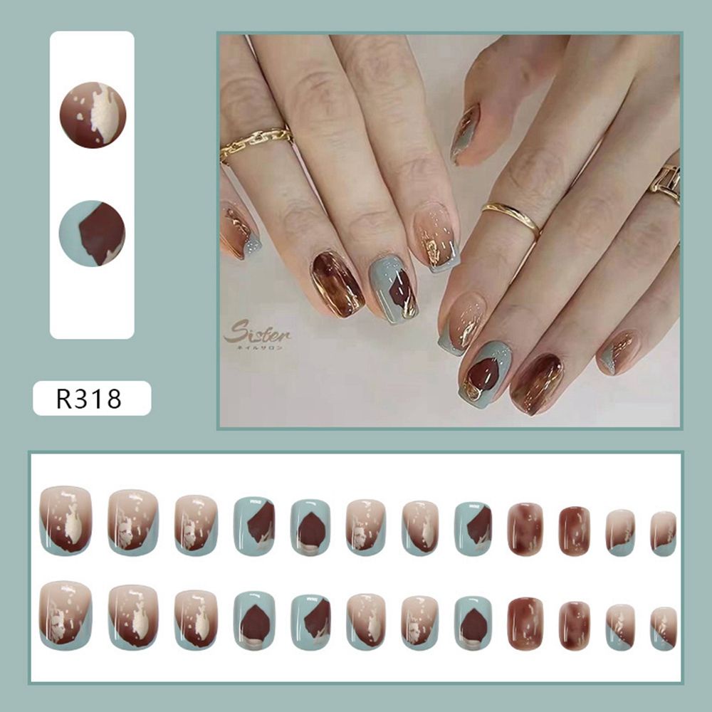 [Hàng mới về] Bộ 24 móng tay giả dáng ngắn vuông/ tròn nhiều mẫu tùy chọn có keo dán tiện lợi