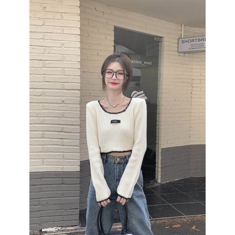 Áo Sweater Dệt Kim Tay Dài Cổ Vuông Màu Tương Phản Thời Trang Cho Nữ