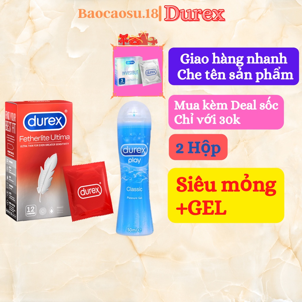 Bộ 2 bao cao su mỏng Durex Fetherlite ( 12 bao )  và Gel durex Clasic tăng độ trơn, giảm khô hạn.