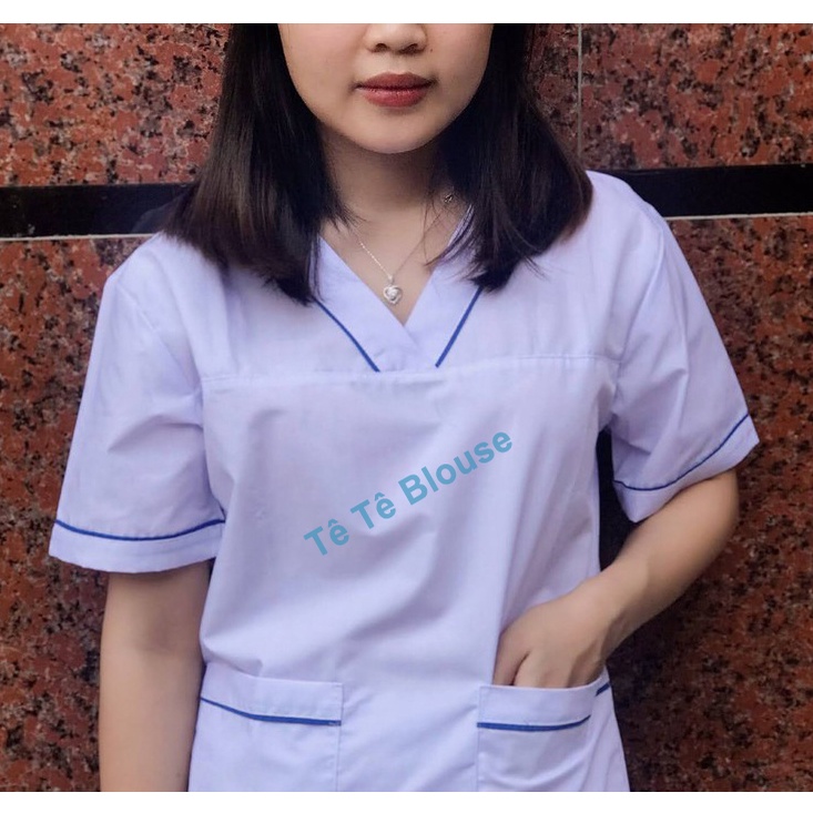 Bộ blouse cổ tim viền XANH DƯƠNG nam nữ cộc tay - bộ scrubs kỹ thuật viên cho điều dưỡng, dược sỹ, y tá, bác sĩ