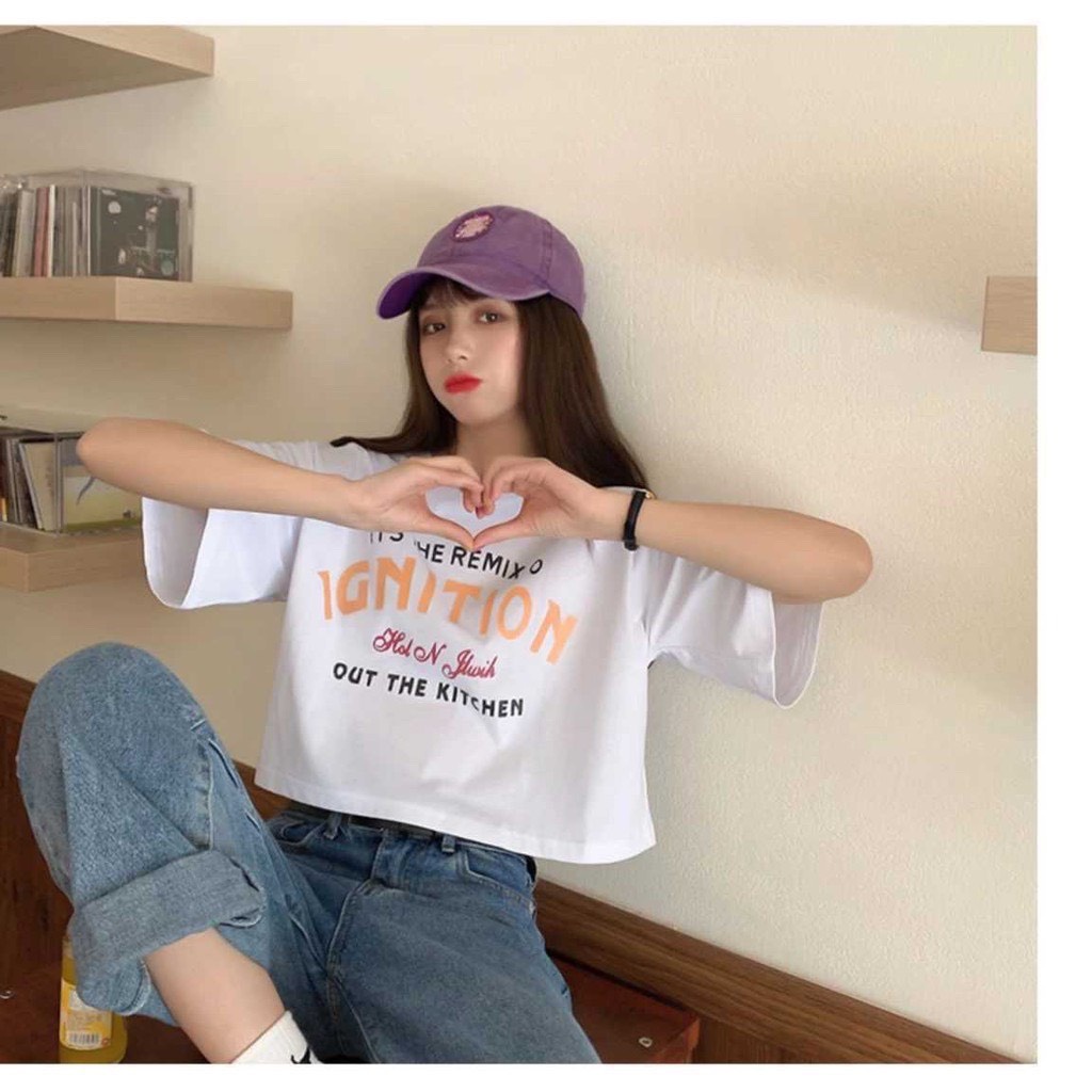 Áo thun Croptop in chữ IGNITION, form rộng, vải cotton dày dặn , co dãn 4 chiều, thấm hút mồ hôi siêu mát