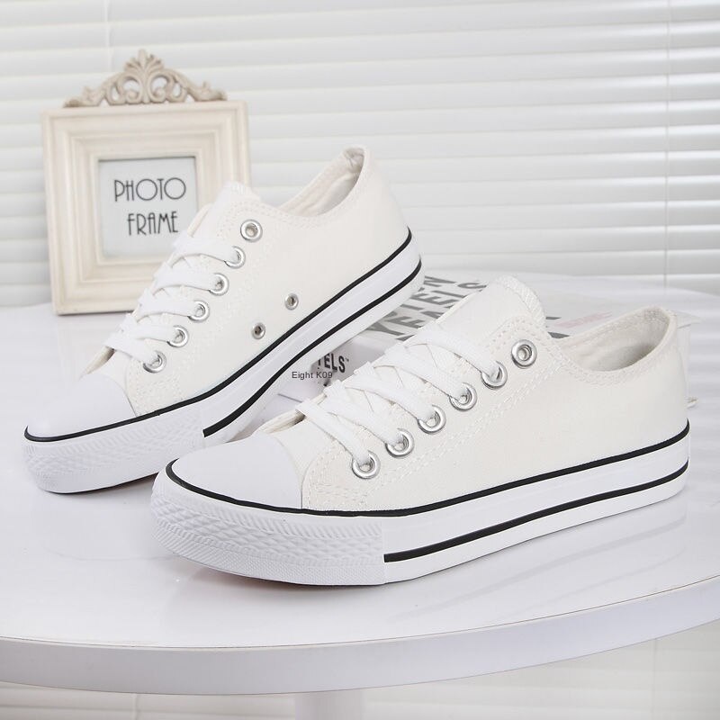 Giày thể thao canvas đế bằng màu trắng đen thời trang cho nu