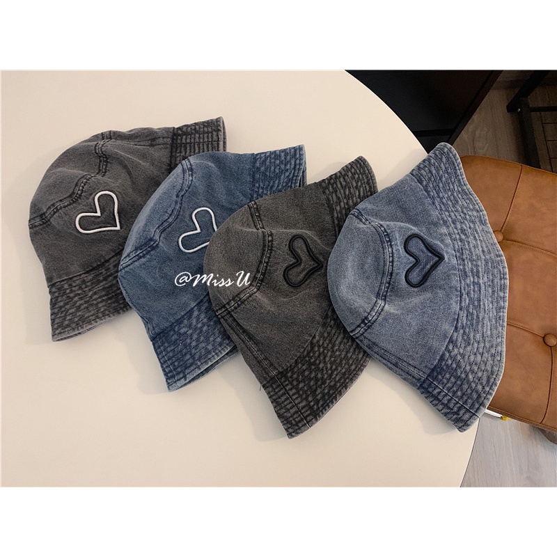 Mũ Tai Bèo Vải Denim Màu Đen Họa Tiết Trái Tim Chống Nắng Thời Trang Cho Nữ