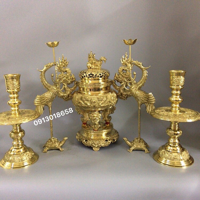 Bộ lư thờ đỉnh thờ bằng đồng cao cấp 40cm đúc nổi bộ đồ thờ đồng cao cấp đỉnh nặng 6,4kg