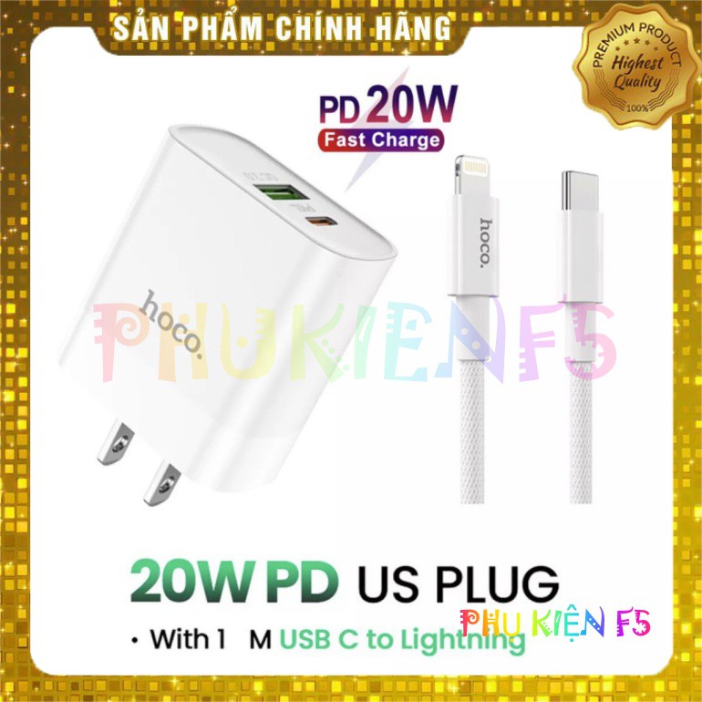 Bộ Sạc Nhanh IPhone PD20W Hoco C80 Chính Hãng Hỗ Trợ PD/QC3.0 2 C USB Và Type C , Có Kèm Cáp Type C To Lightning PD 1M